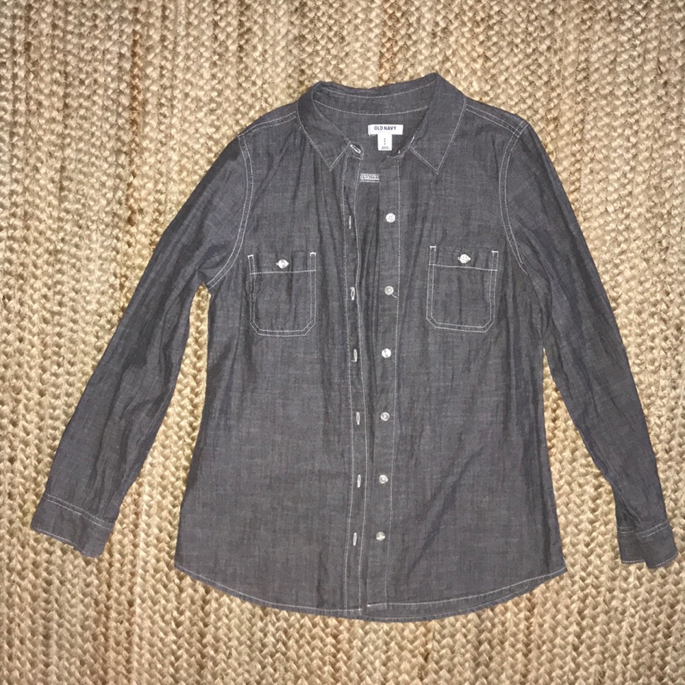 Grey chambray long sleeve button down shirt